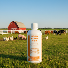 ADE Liquid Vitamin bottle in a farm field