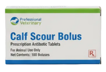 Prescription Calf Scour Bolus antibiotic pills box by Professional Veterinary Laboratories on a clean white background.